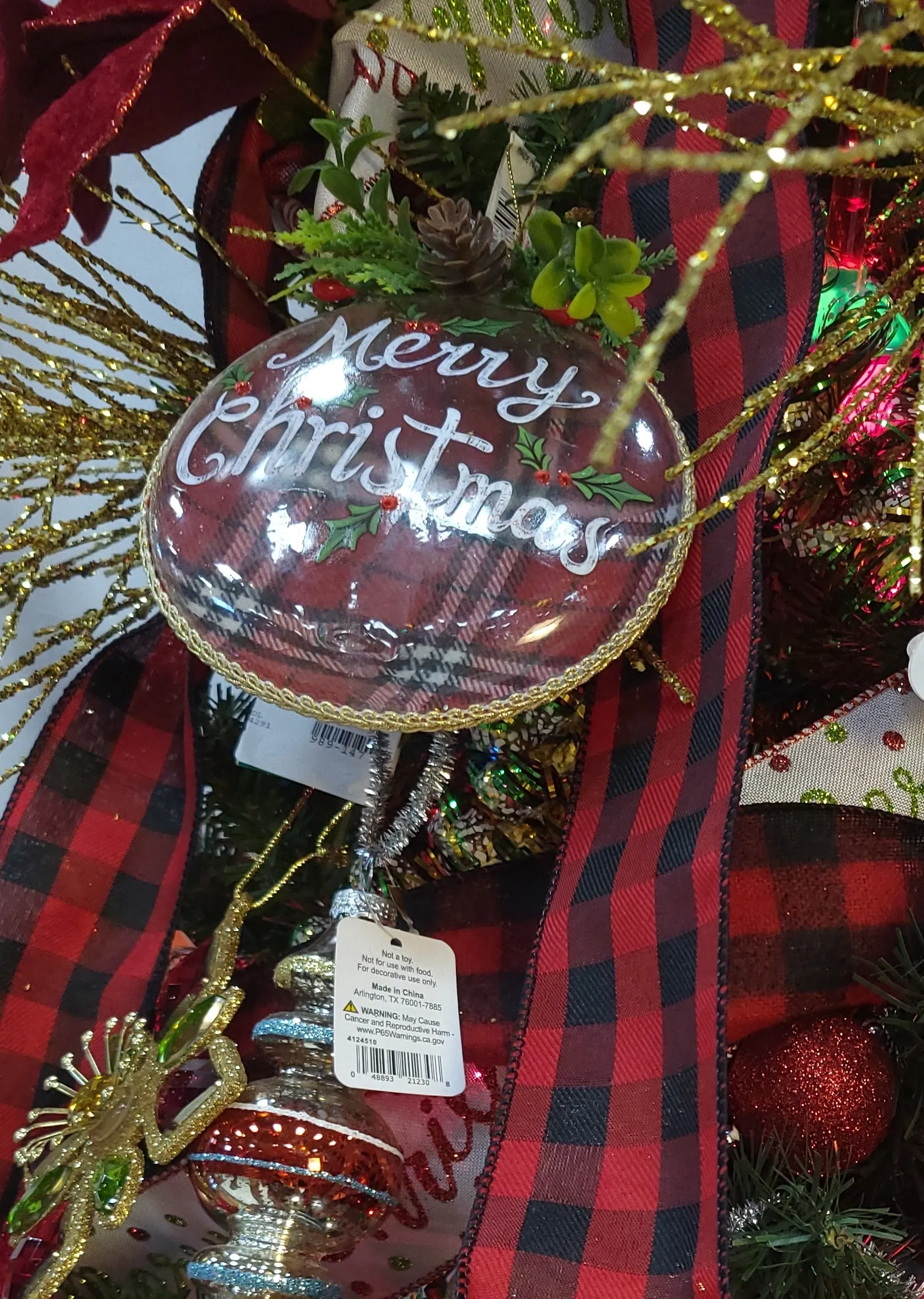 100MM Plaid Glass Disk Ornament (Merry Christmas/Joy)