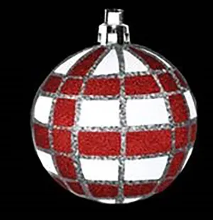 12 Pack White Ball Ornament with Red and Silver Plaid Design