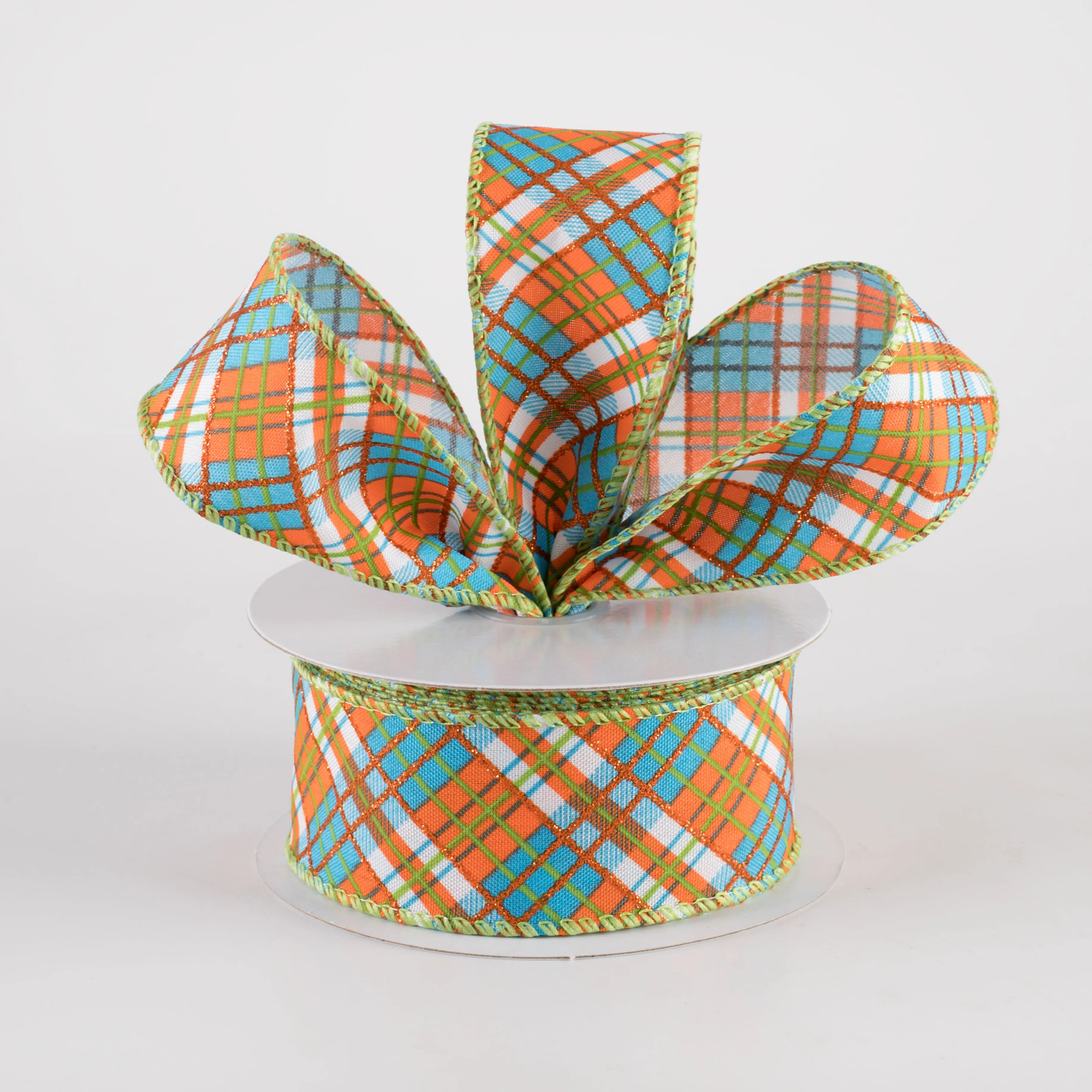 1.5" Busy Diagonal Plaid Ribbon: Teal Blue, Orange & Lime Green (10 Yards)