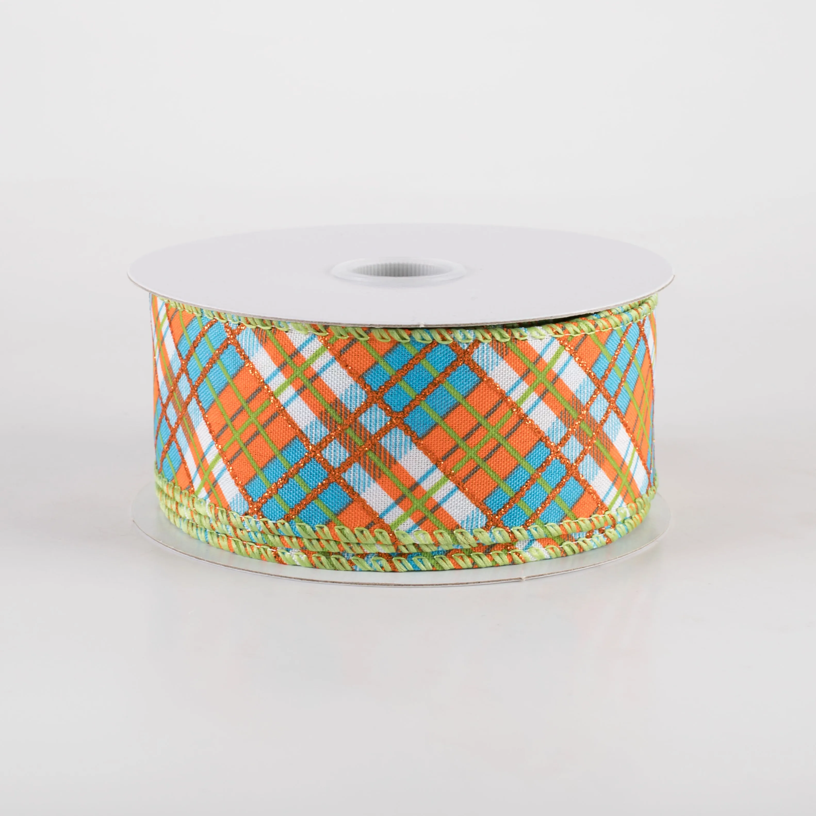 1.5" Busy Diagonal Plaid Ribbon: Teal Blue, Orange & Lime Green (10 Yards)