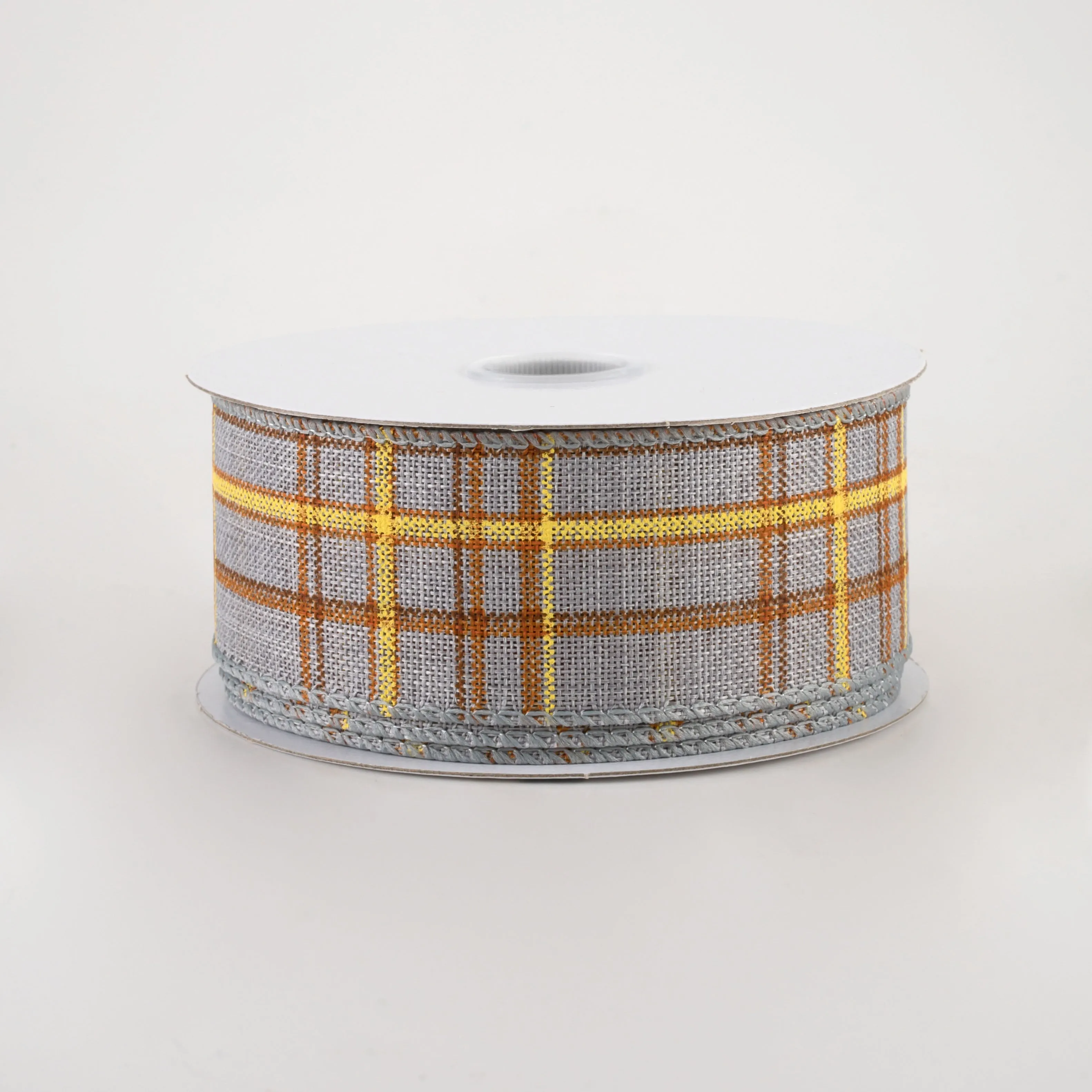 1.5" Cornelia Plaid Ribbon: Grey, Rust, Yellow (10 Yards)