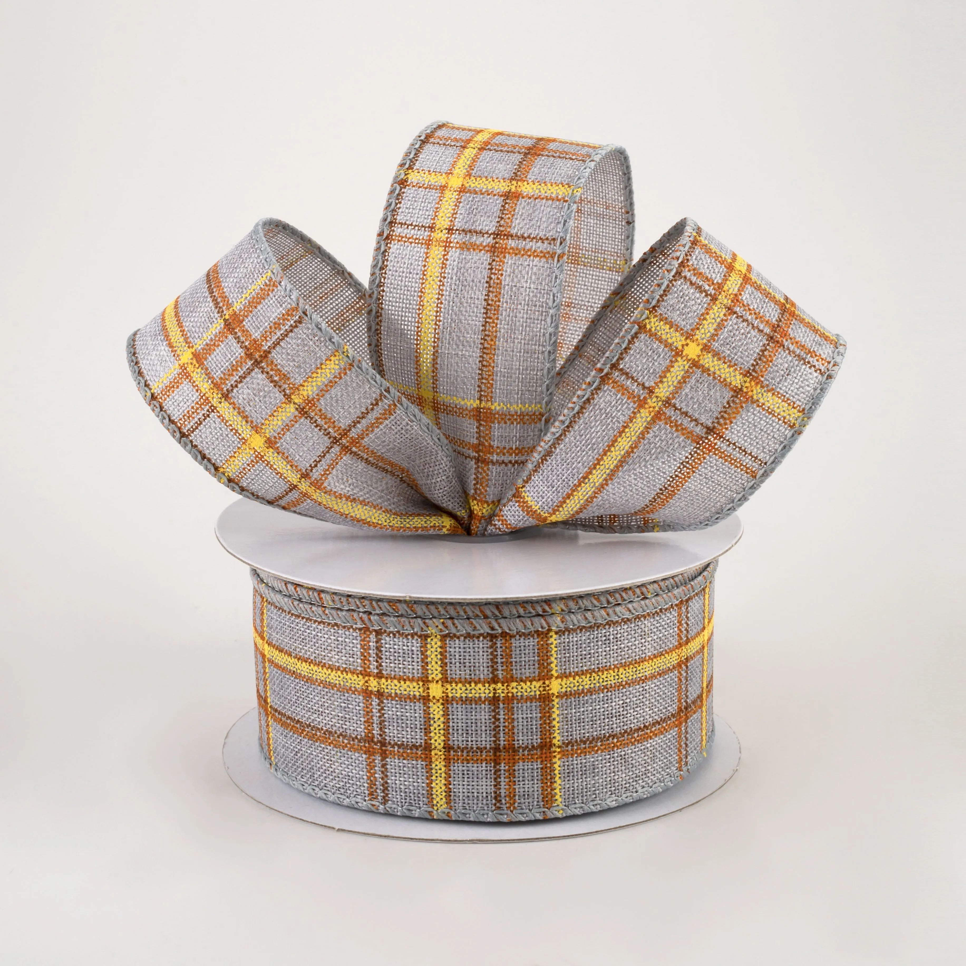 1.5" Cornelia Plaid Ribbon: Grey, Rust, Yellow (10 Yards)