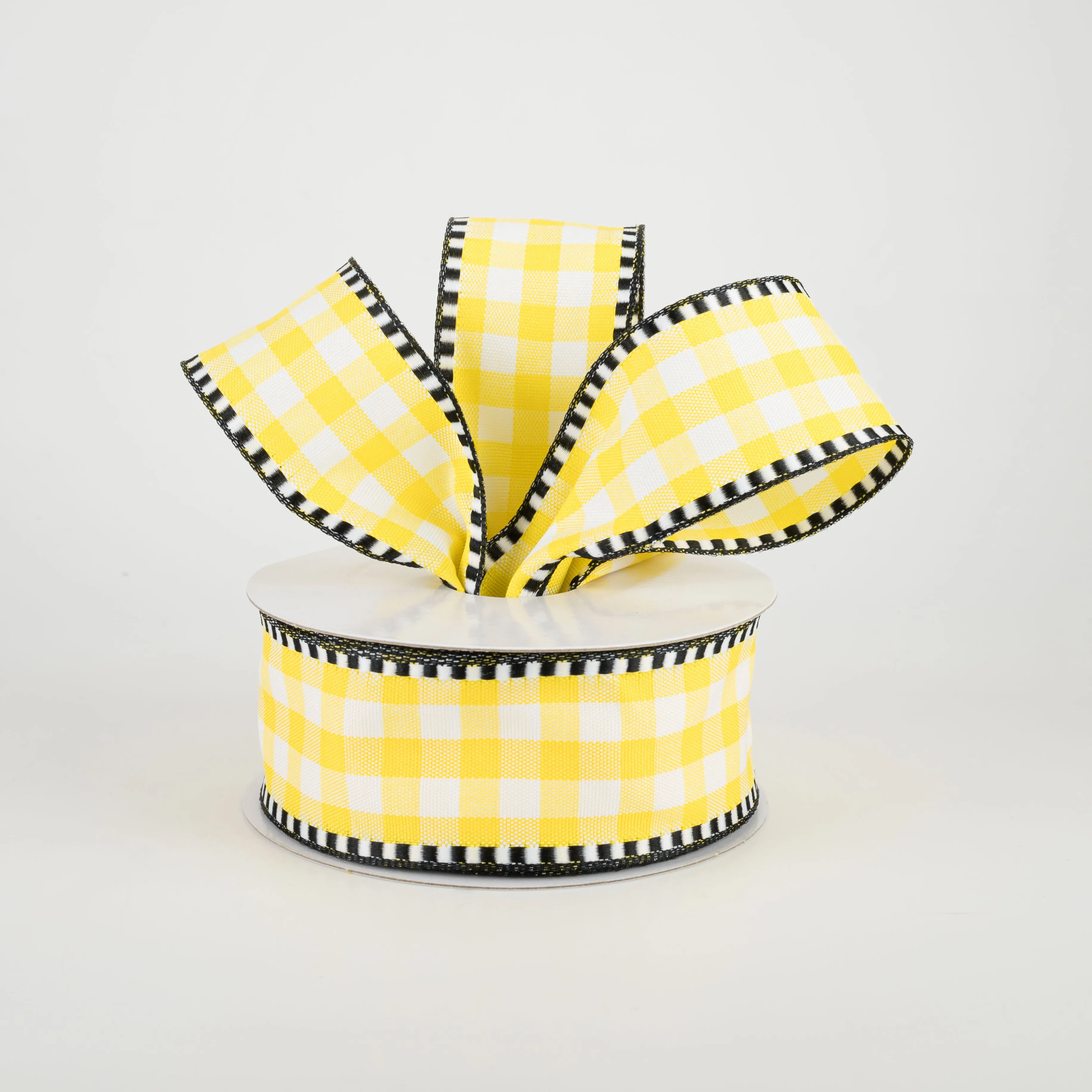 1.5" Dashed Edge Check Plaid Ribbon: Yellow & White (10 Yards)