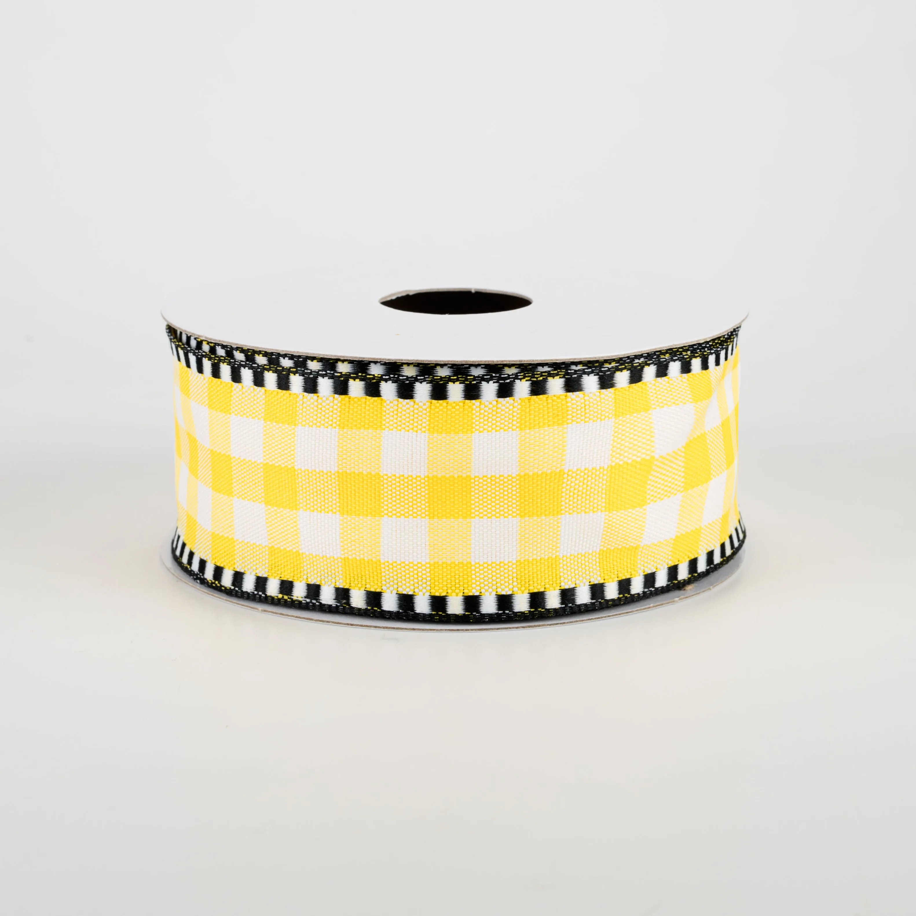 1.5" Dashed Edge Check Plaid Ribbon: Yellow & White (10 Yards)