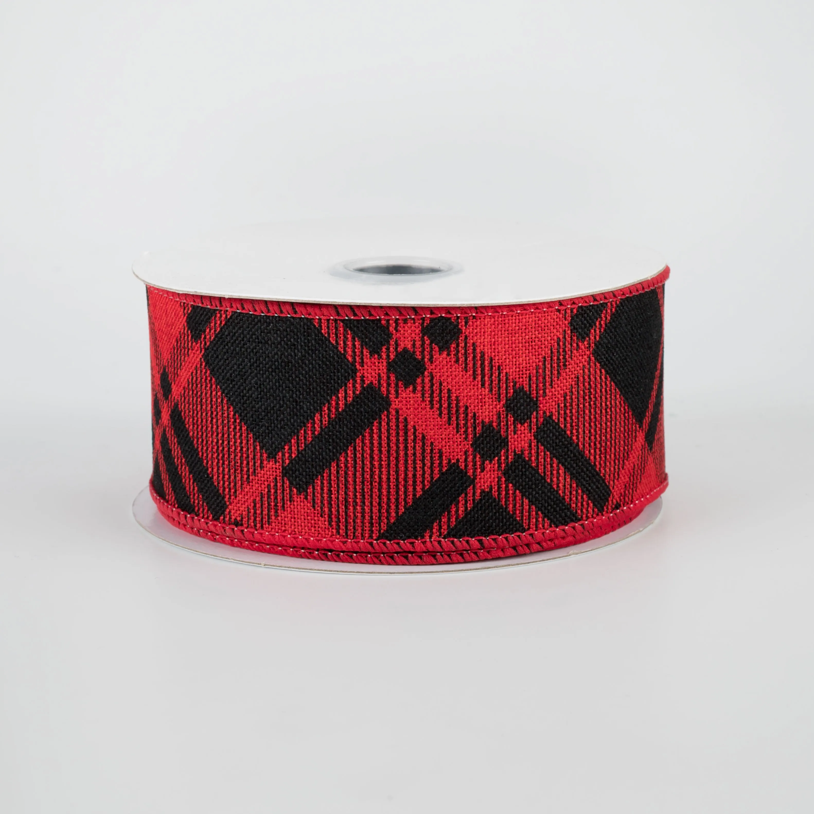 1.5" Diagonal Stripe Check Ribbon: Red & Black (10 Yards)