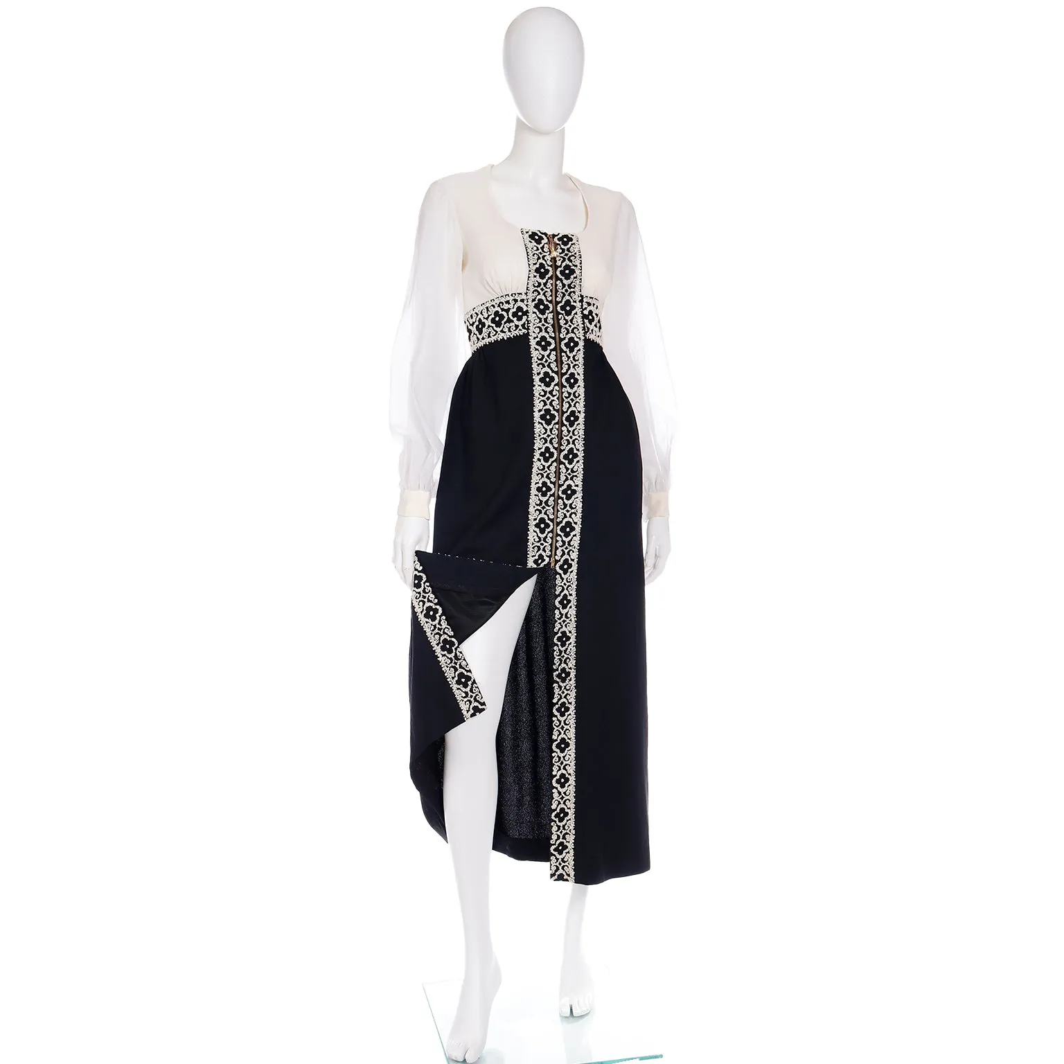 1960s Black & White Beaded Dress w White Seed Beads & Hand Zipper Pull