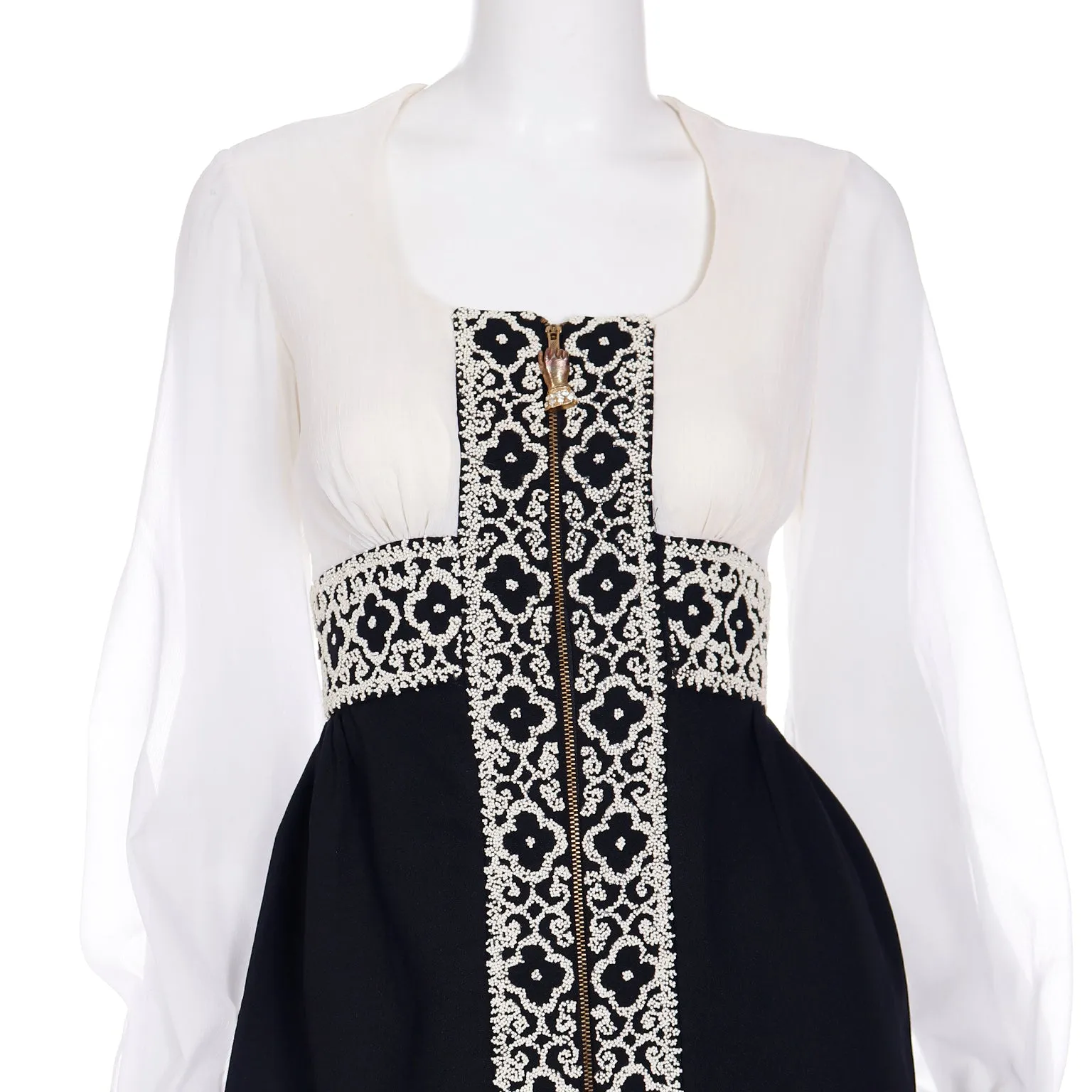 1960s Black & White Beaded Dress w White Seed Beads & Hand Zipper Pull