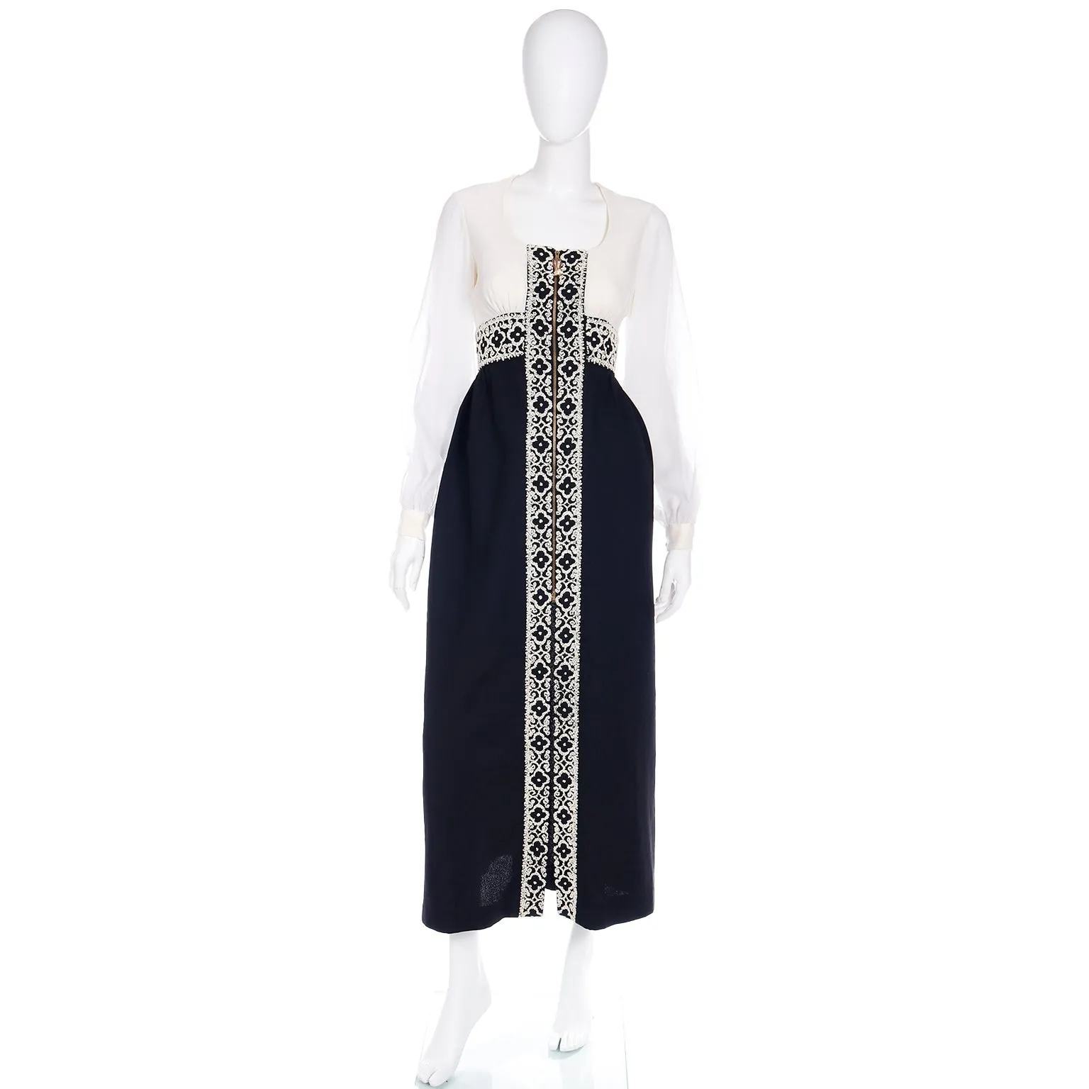 1960s Black & White Beaded Dress w White Seed Beads & Hand Zipper Pull