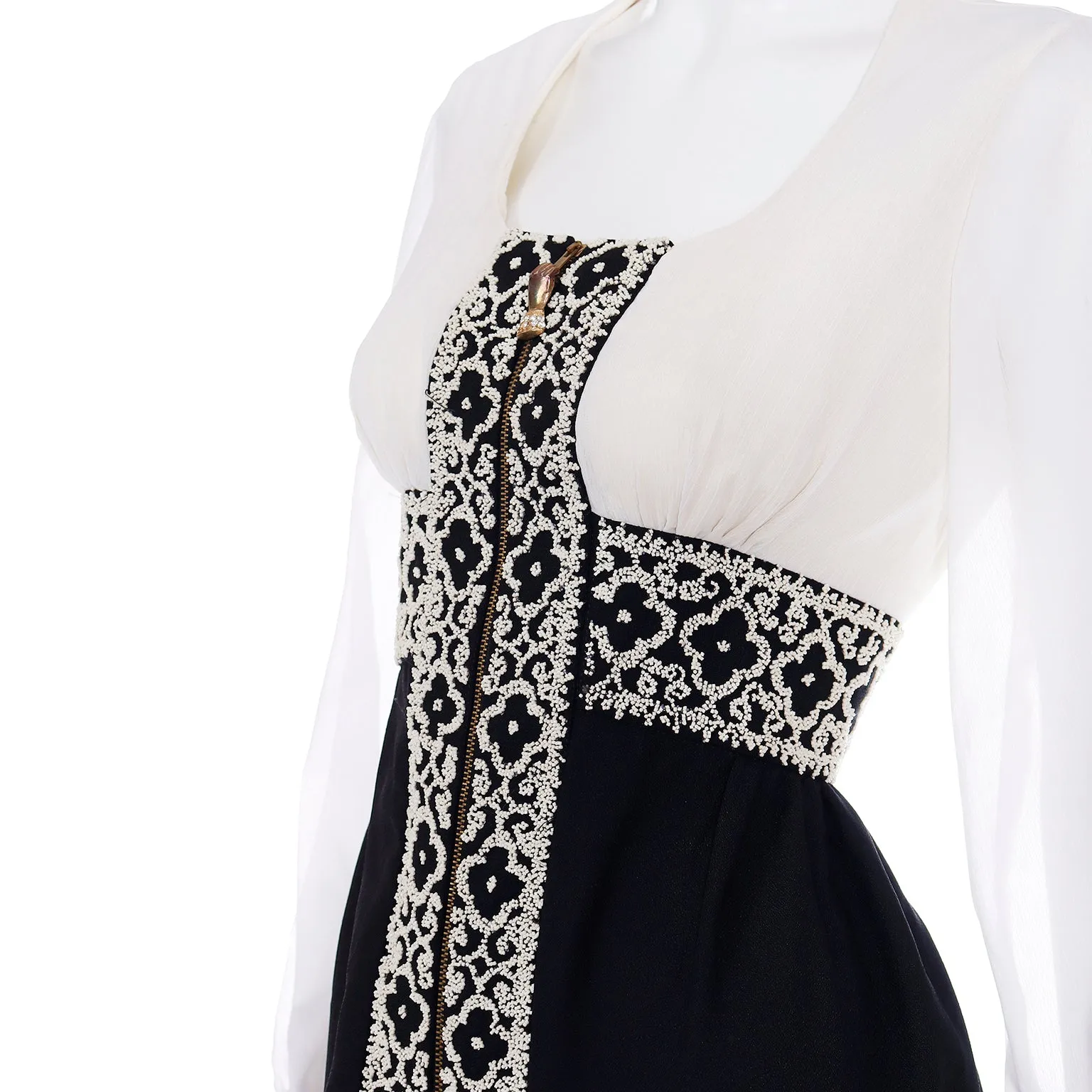 1960s Black & White Beaded Dress w White Seed Beads & Hand Zipper Pull