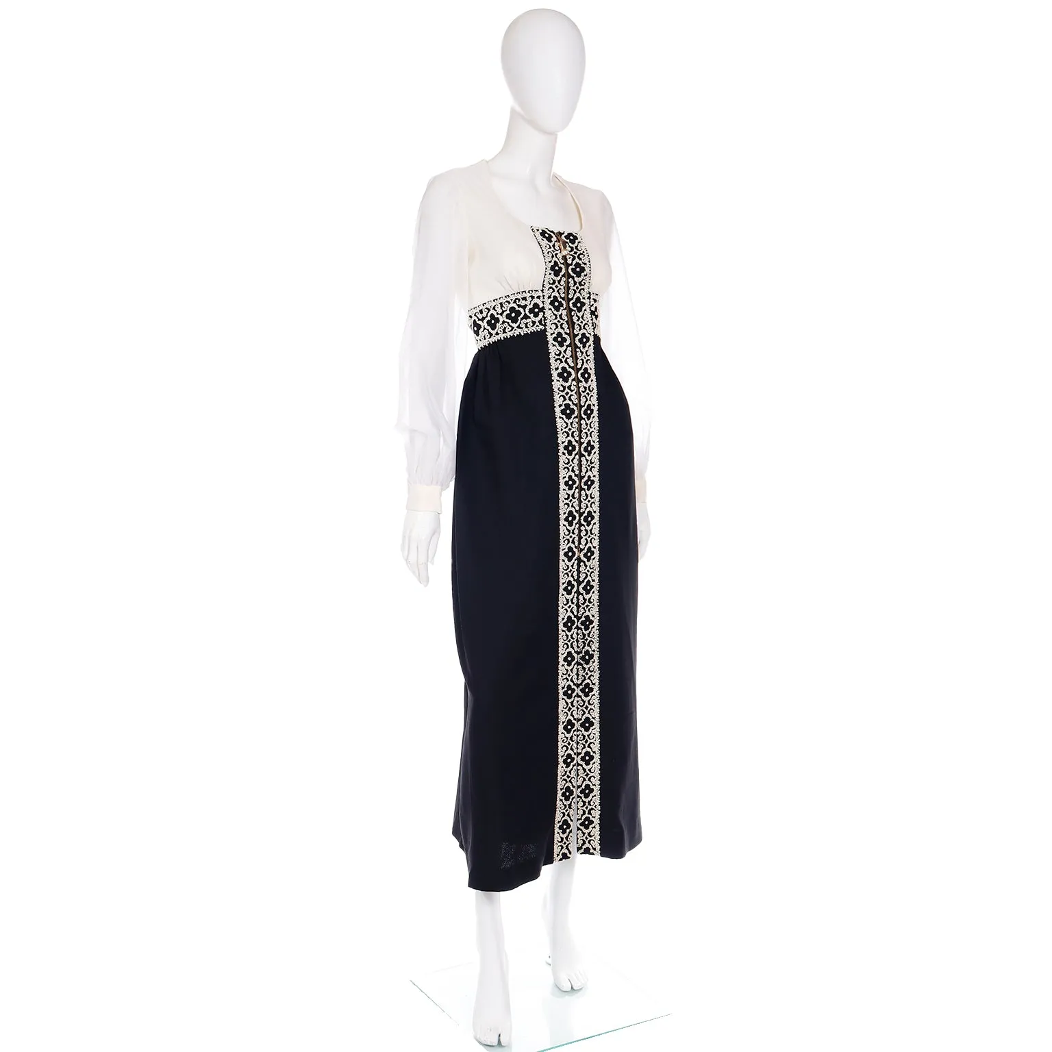 1960s Black & White Beaded Dress w White Seed Beads & Hand Zipper Pull