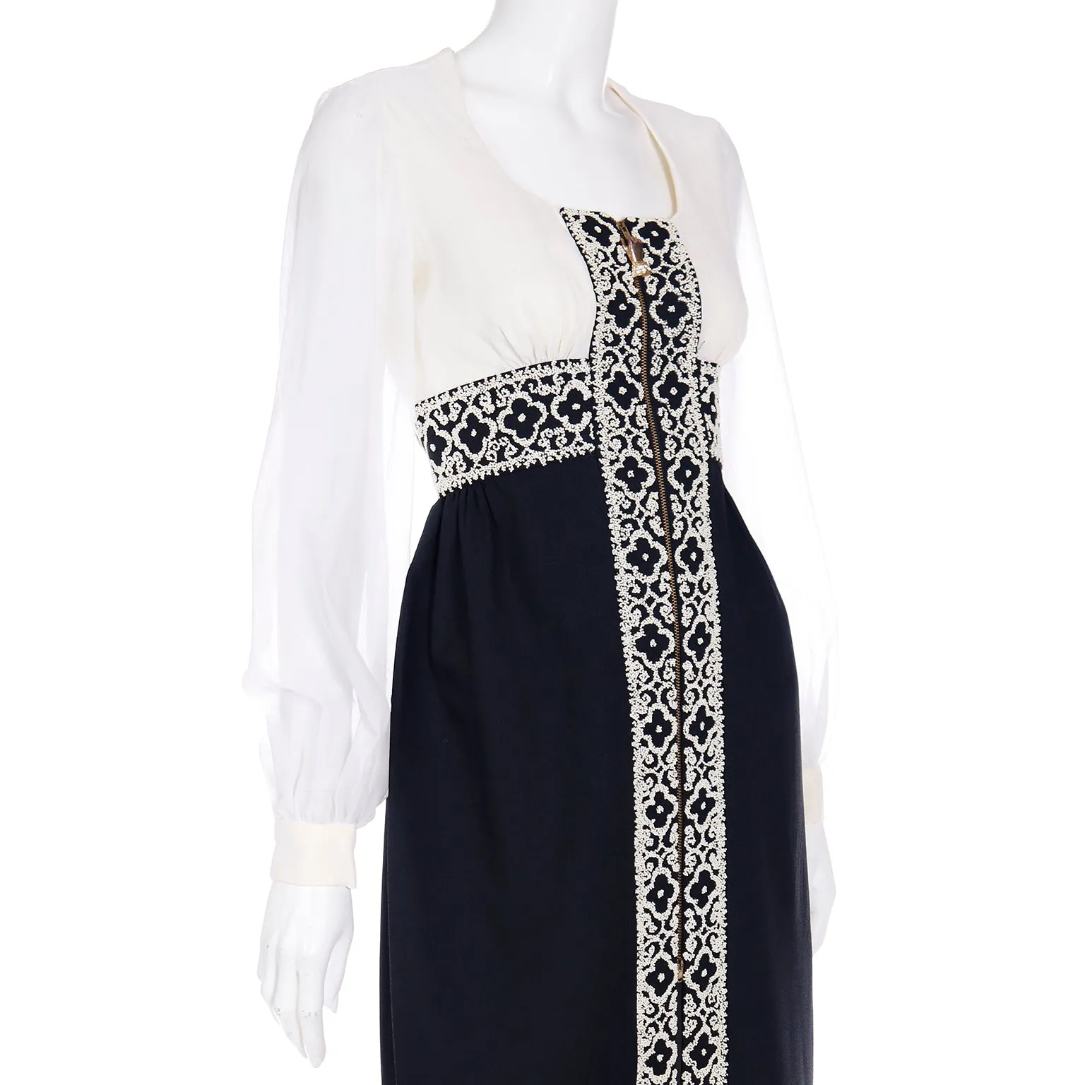 1960s Black & White Beaded Dress w White Seed Beads & Hand Zipper Pull