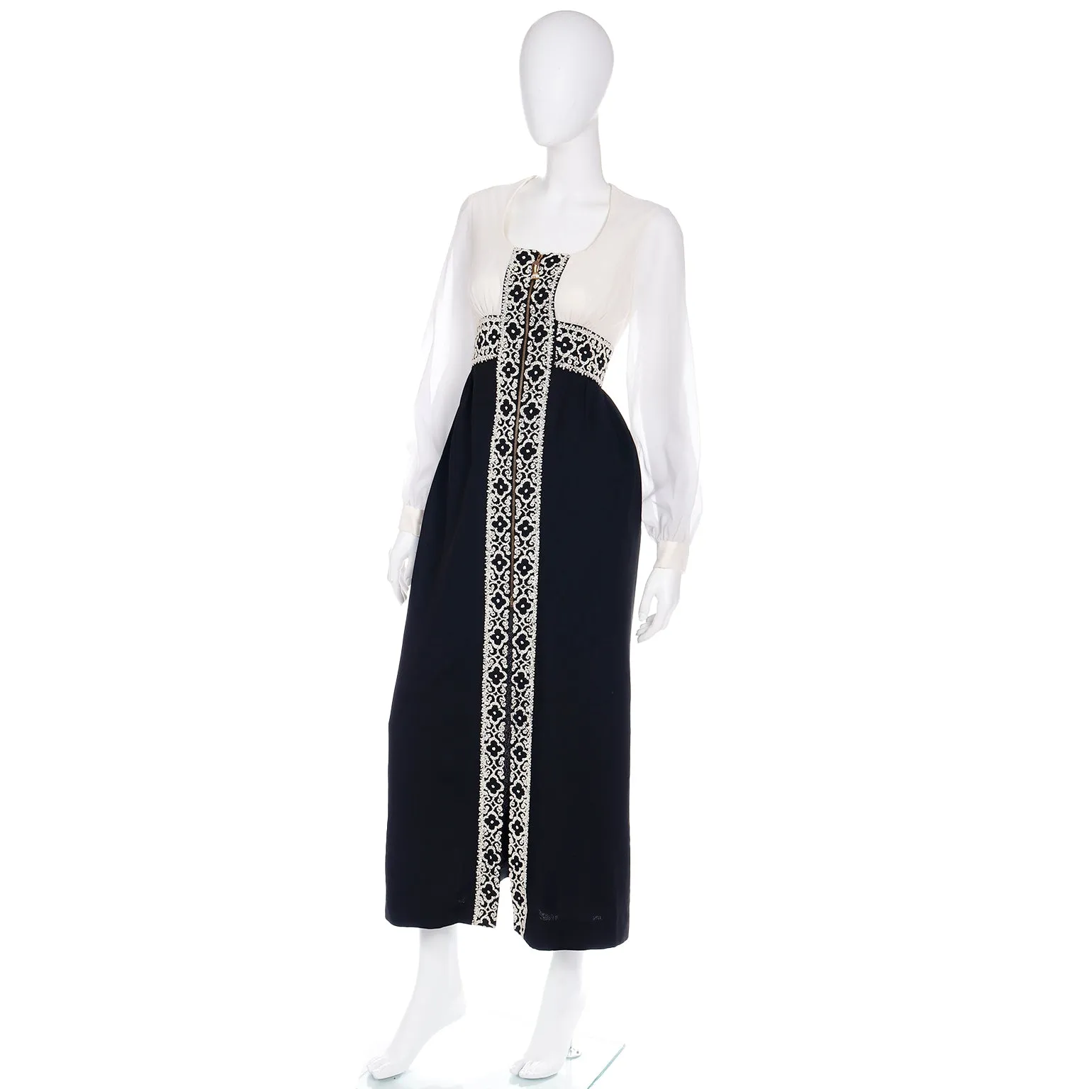 1960s Black & White Beaded Dress w White Seed Beads & Hand Zipper Pull