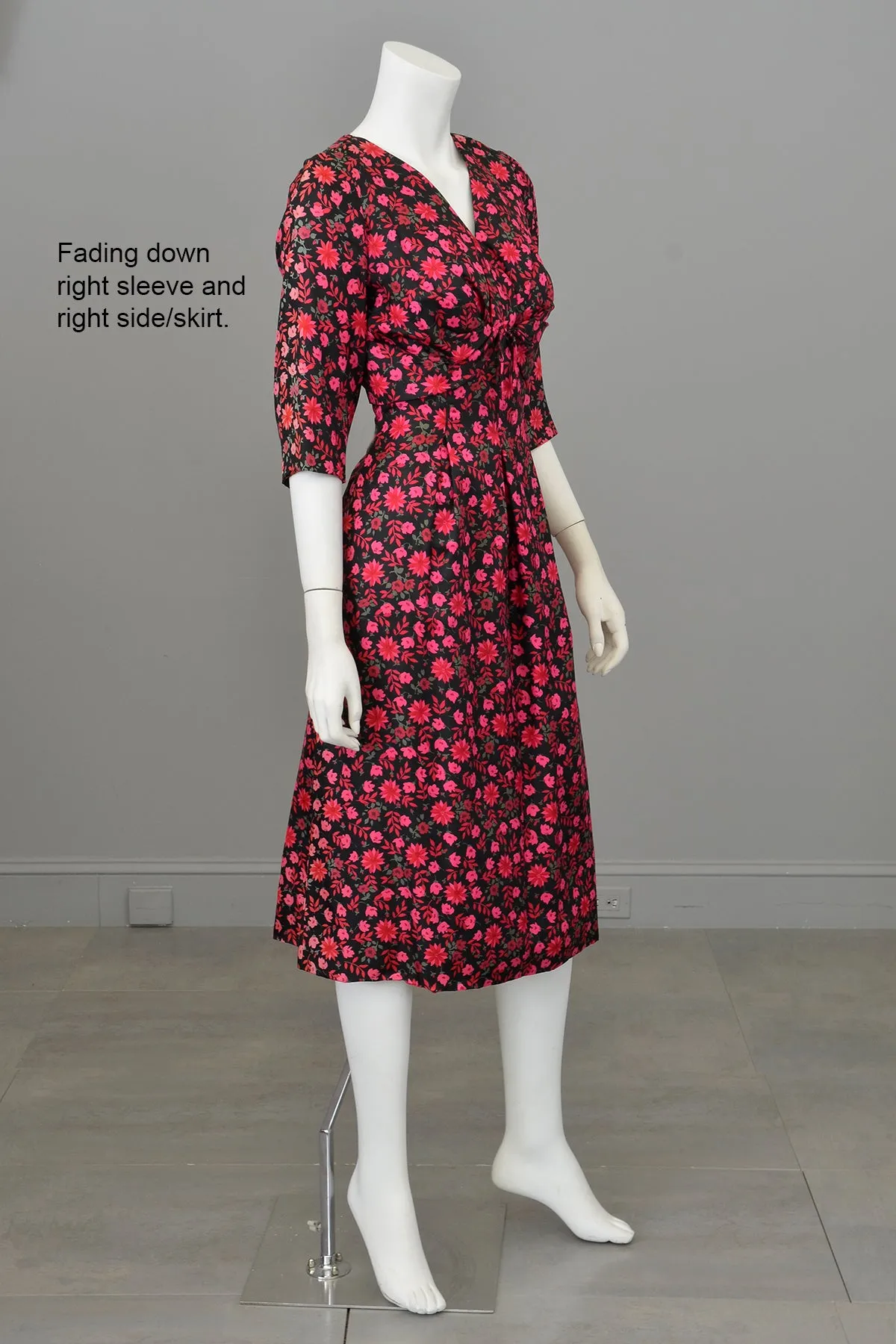 1960s Black Pink Floral Gathered Front Cocktail Dress