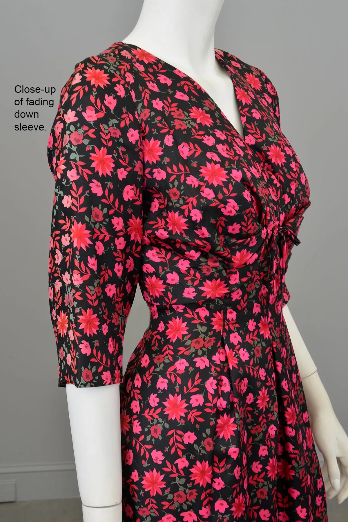 1960s Black Pink Floral Gathered Front Cocktail Dress