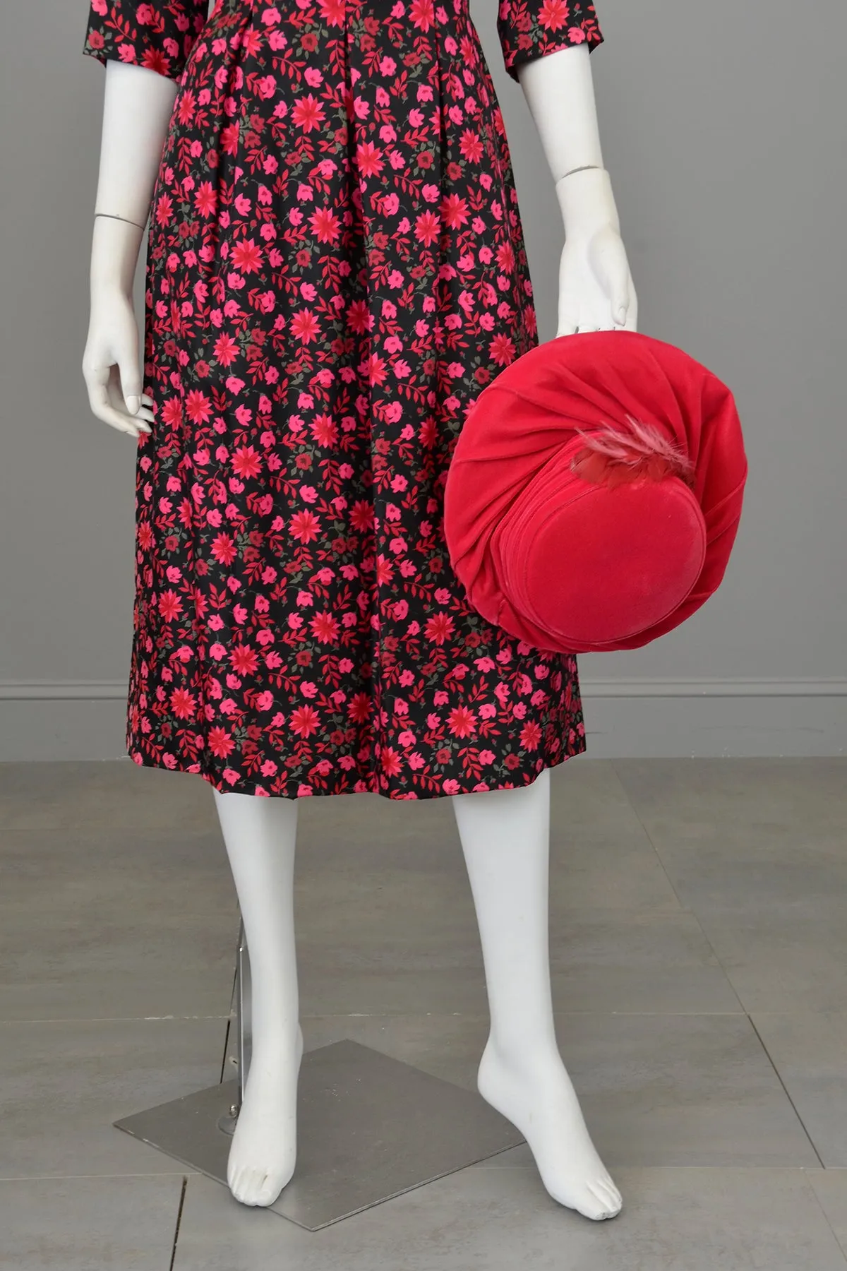 1960s Black Pink Floral Gathered Front Cocktail Dress