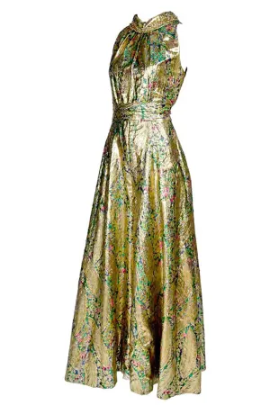 1960s Gold Lame Floral Vintage Wide Leg Jumpsuit Size 4/6