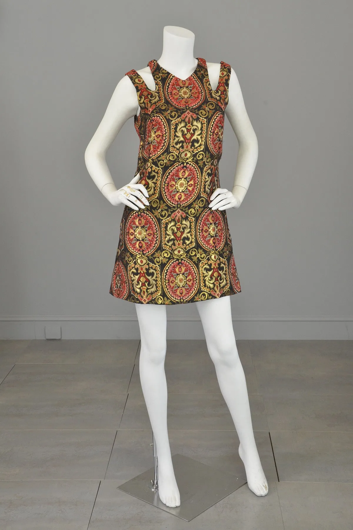 1960s Gold Metallic Open Shoulders Keyhole Tapestry Mini Dress