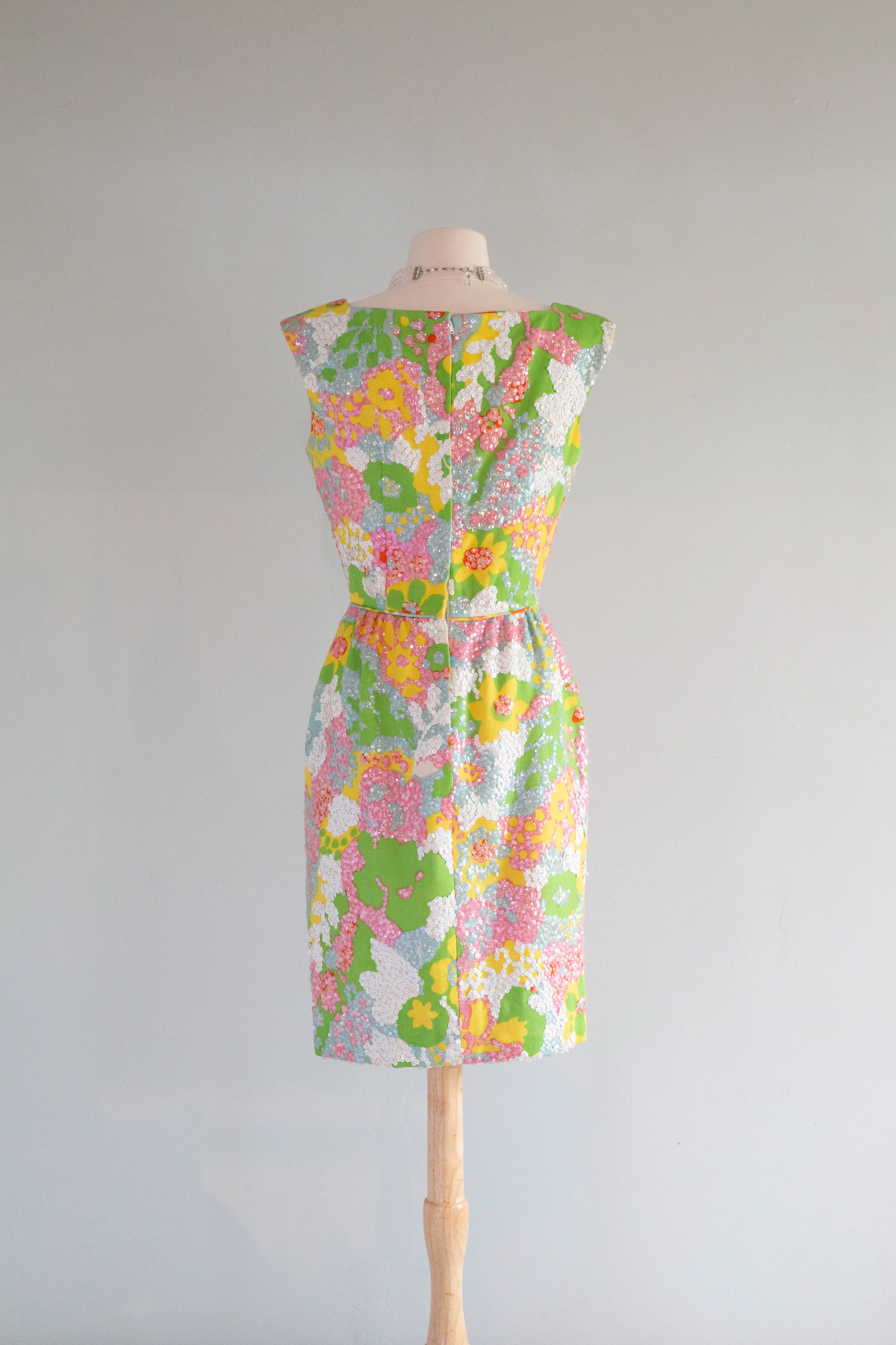 1960's Springtime Sequined Floral Print Cocktail Dress From I Magnin / Small