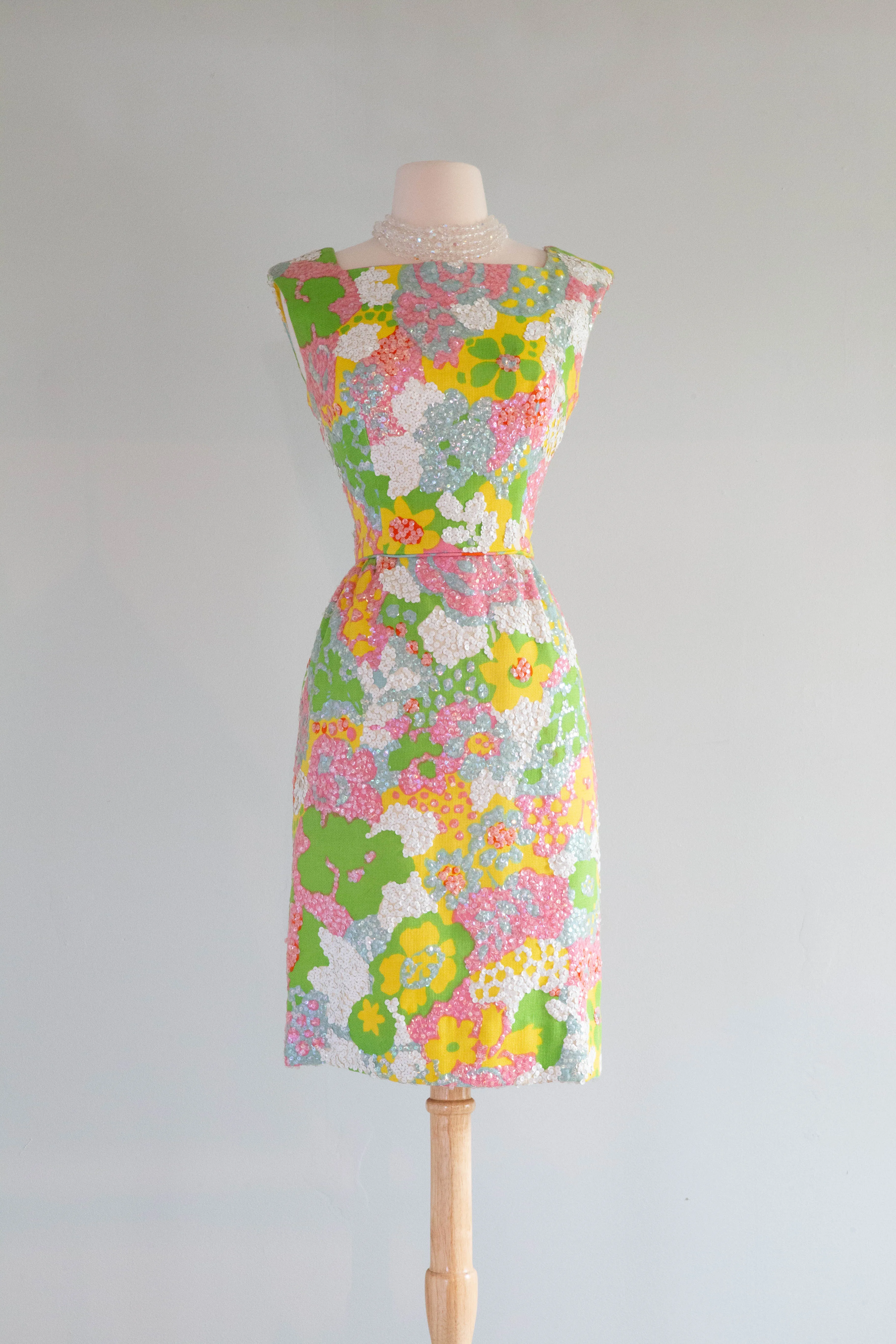 1960's Springtime Sequined Floral Print Cocktail Dress From I Magnin / Small