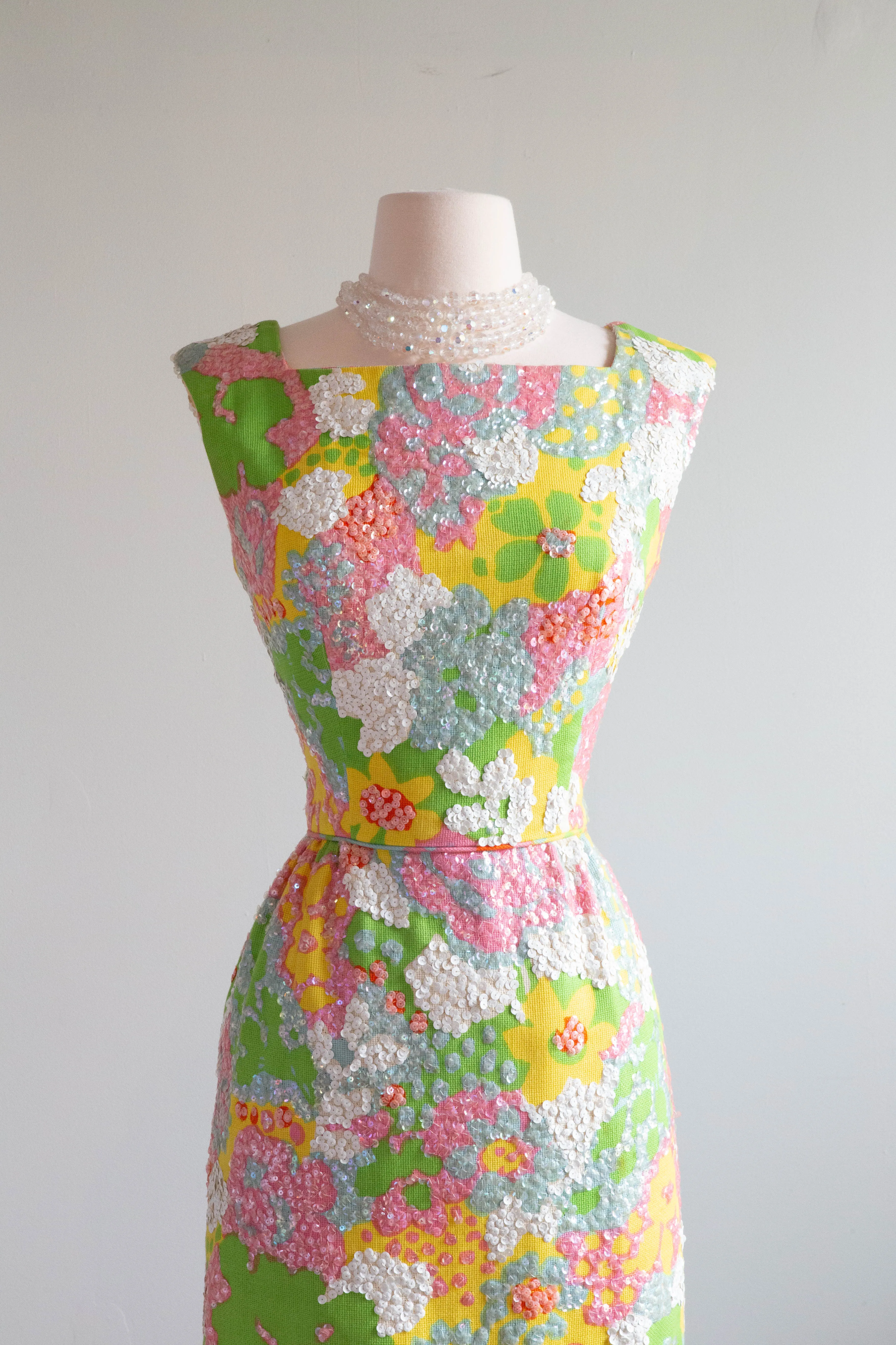 1960's Springtime Sequined Floral Print Cocktail Dress From I Magnin / Small