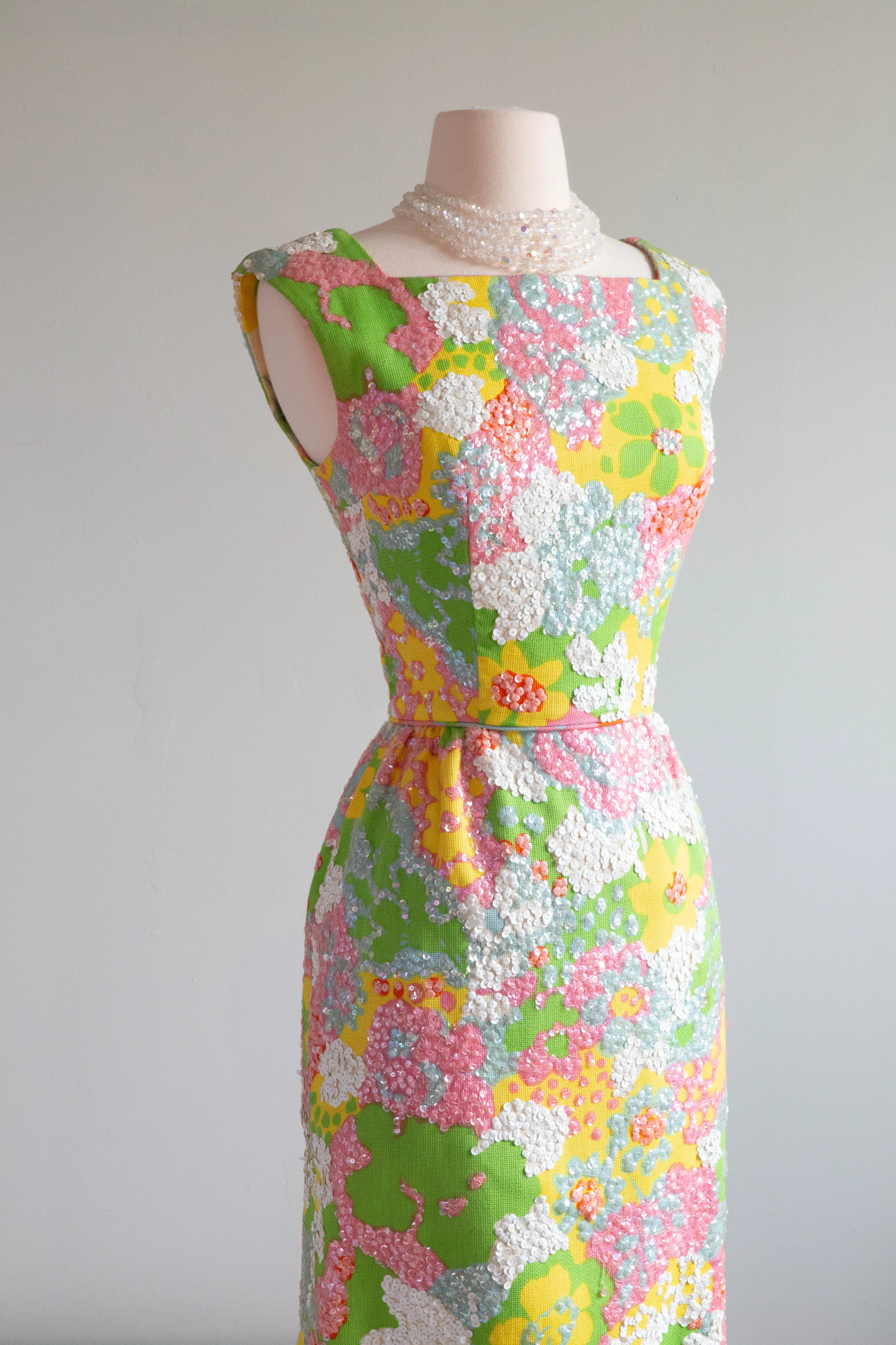 1960's Springtime Sequined Floral Print Cocktail Dress From I Magnin / Small