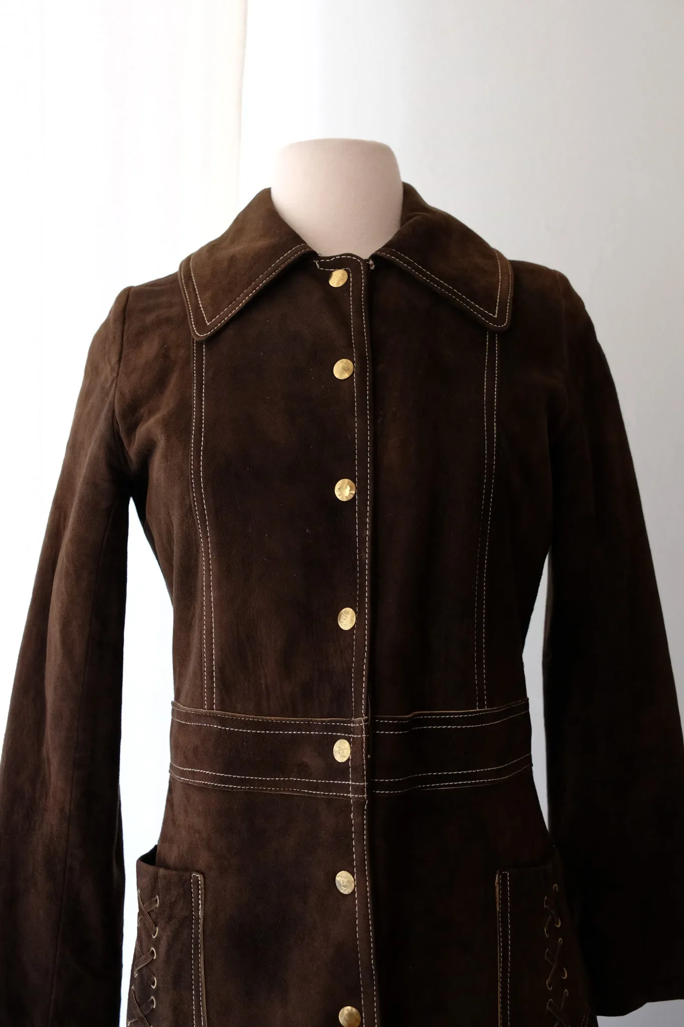 1970's Chocolate Suede Leather Longline Coat / Sz M