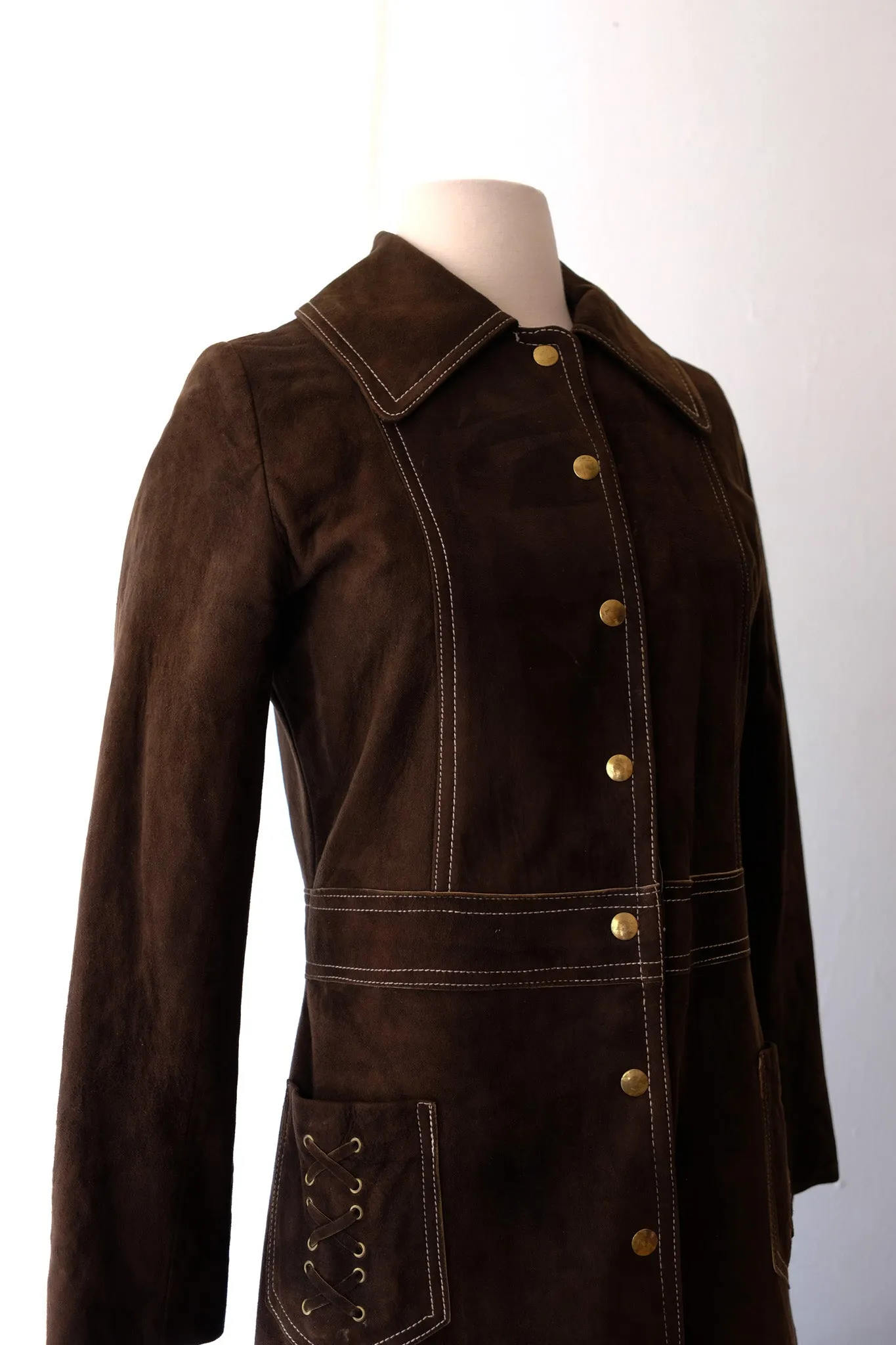 1970's Chocolate Suede Leather Longline Coat / Sz M