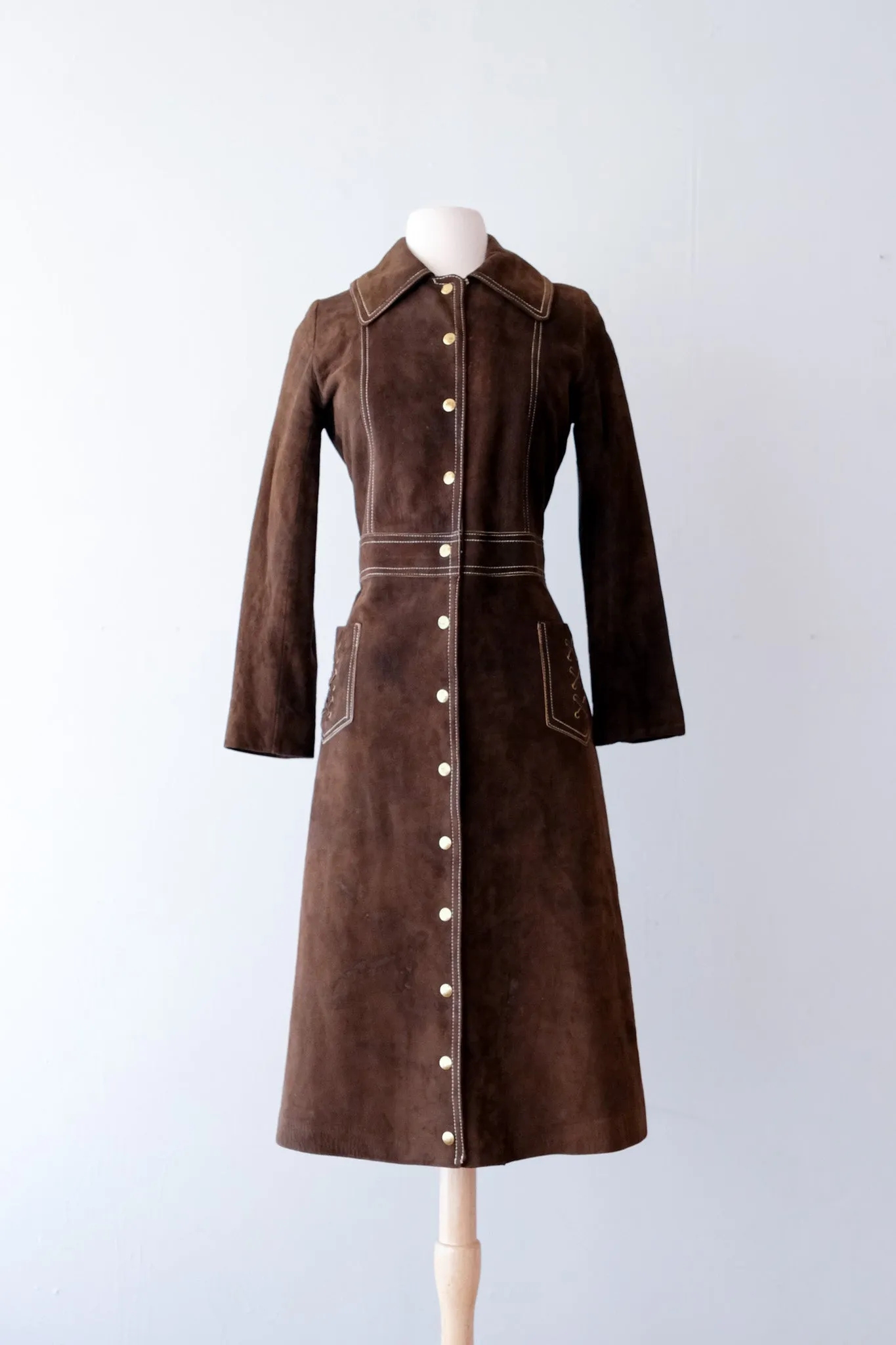 1970's Chocolate Suede Leather Longline Coat / Sz M