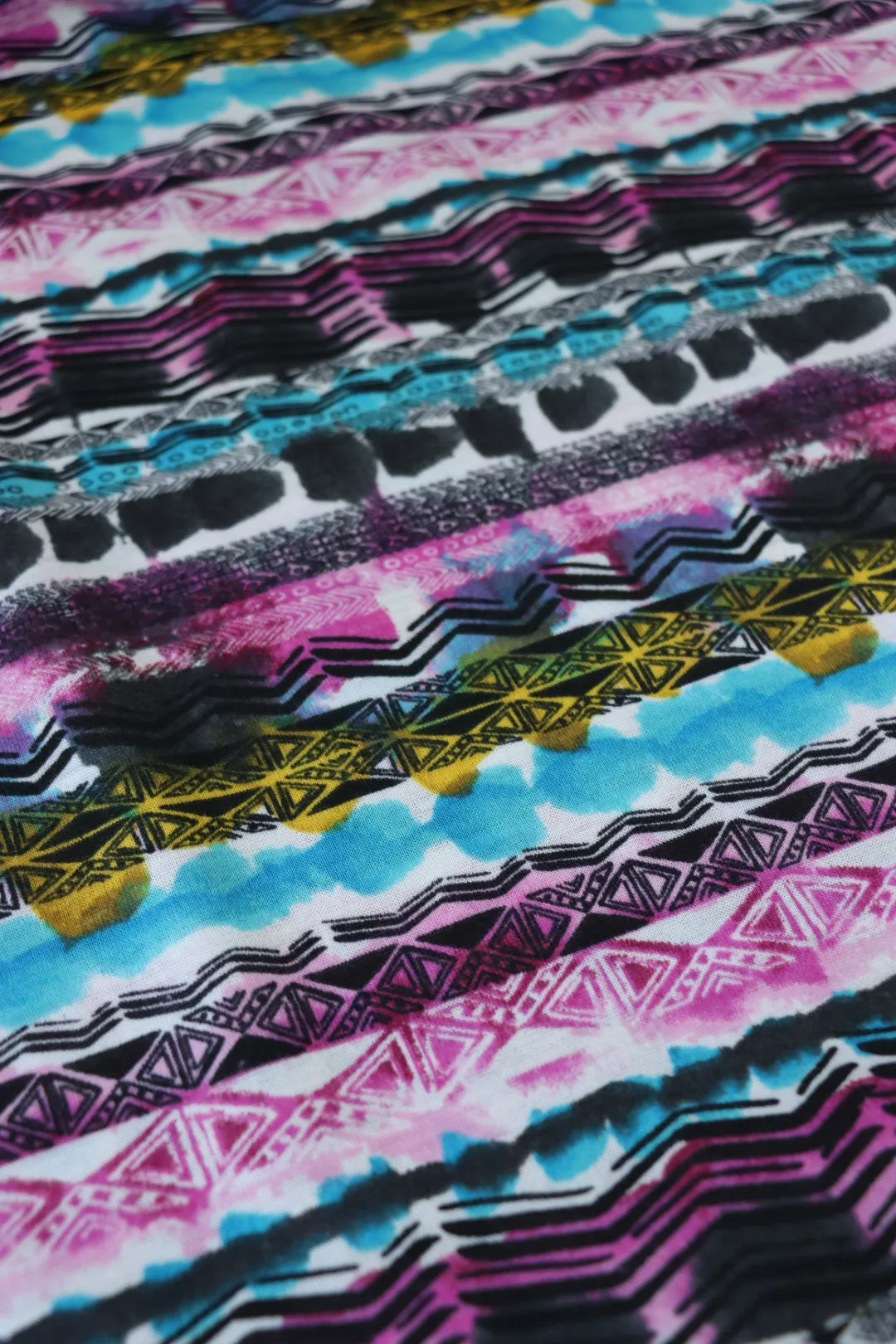 1YD 13IN REMNANT; Watercolor Geometric Abstract Stripe Spun Poly Jersey