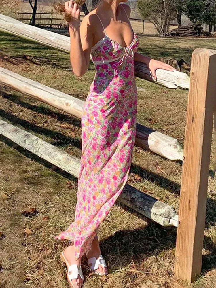 2024 Bohemian Sleeveless Spaghetti Straps Floral Dress