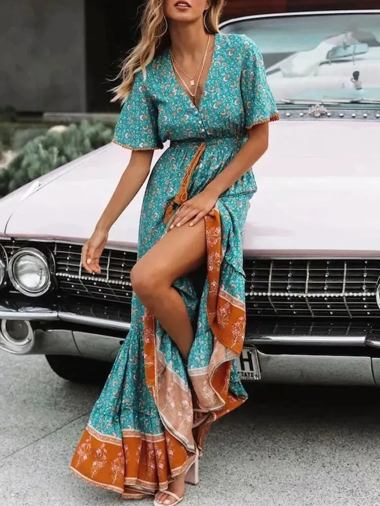 2024 Viscose Floral Print Beach Party Dress for Women Boho Dress