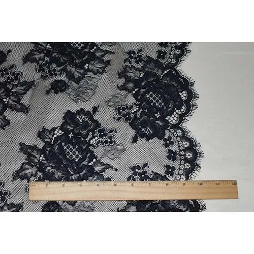 3 YD Ink Black Famous Designer Floral Mesh Lace Fabric