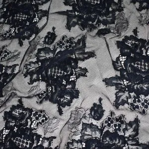 3 YD Ink Black Famous Designer Floral Mesh Lace Fabric