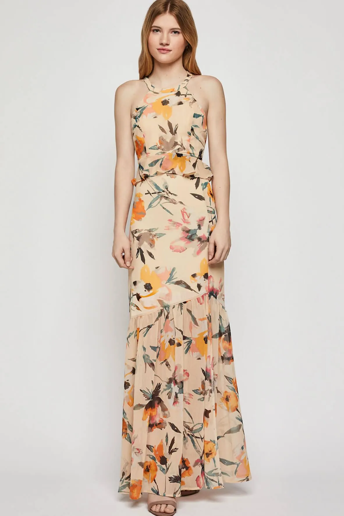 Abstract Florals Halter Maxi Dress