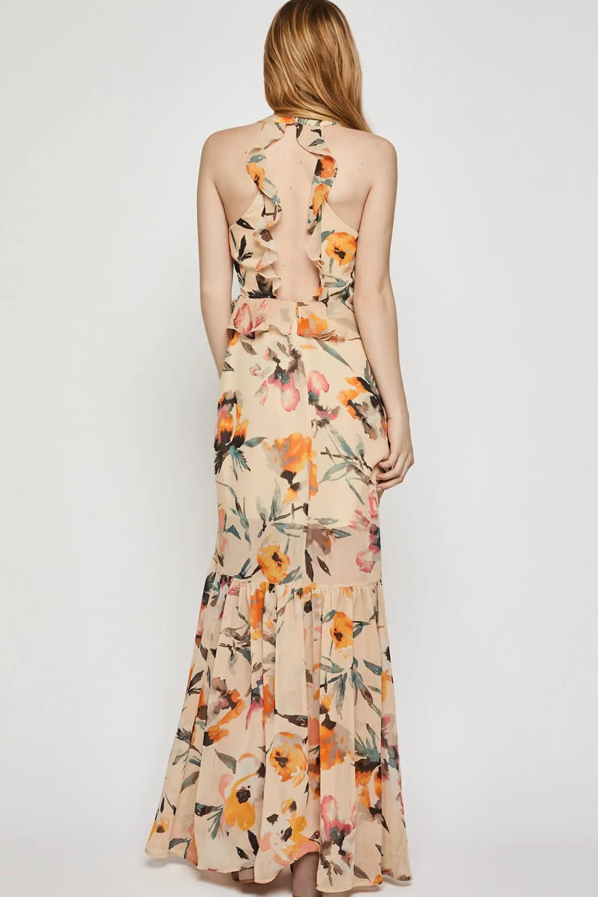 Abstract Florals Halter Maxi Dress