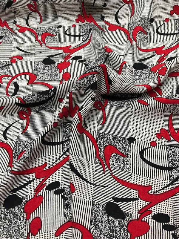 Abstract Plaid Printed Silk Jacquard - Red / Black / White