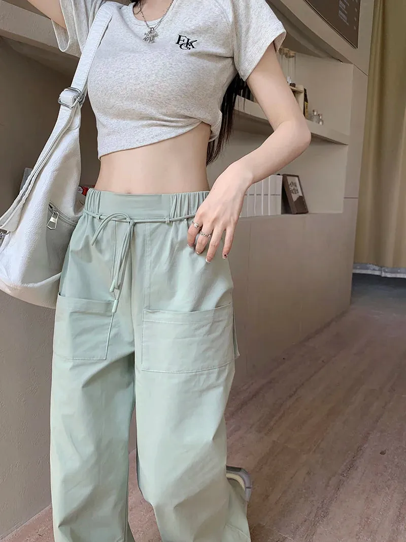 American Street Y2k Big Pocket Drawstring Hip Hop High Waist Casual Baggy Pants