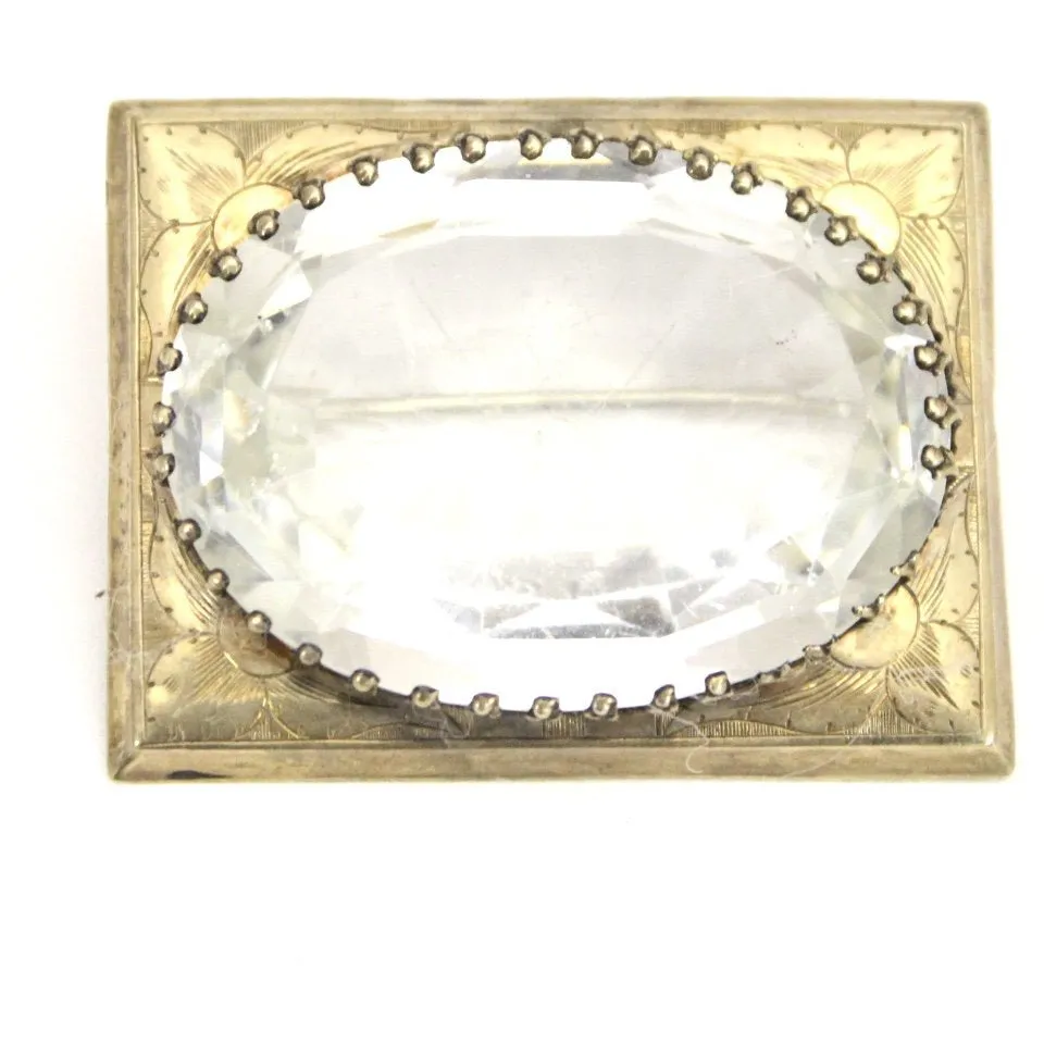 Antique Victorian Sash Pin Brooch HEAVY center Clear Glass Gold PLATED Rectangular 1 3/4"