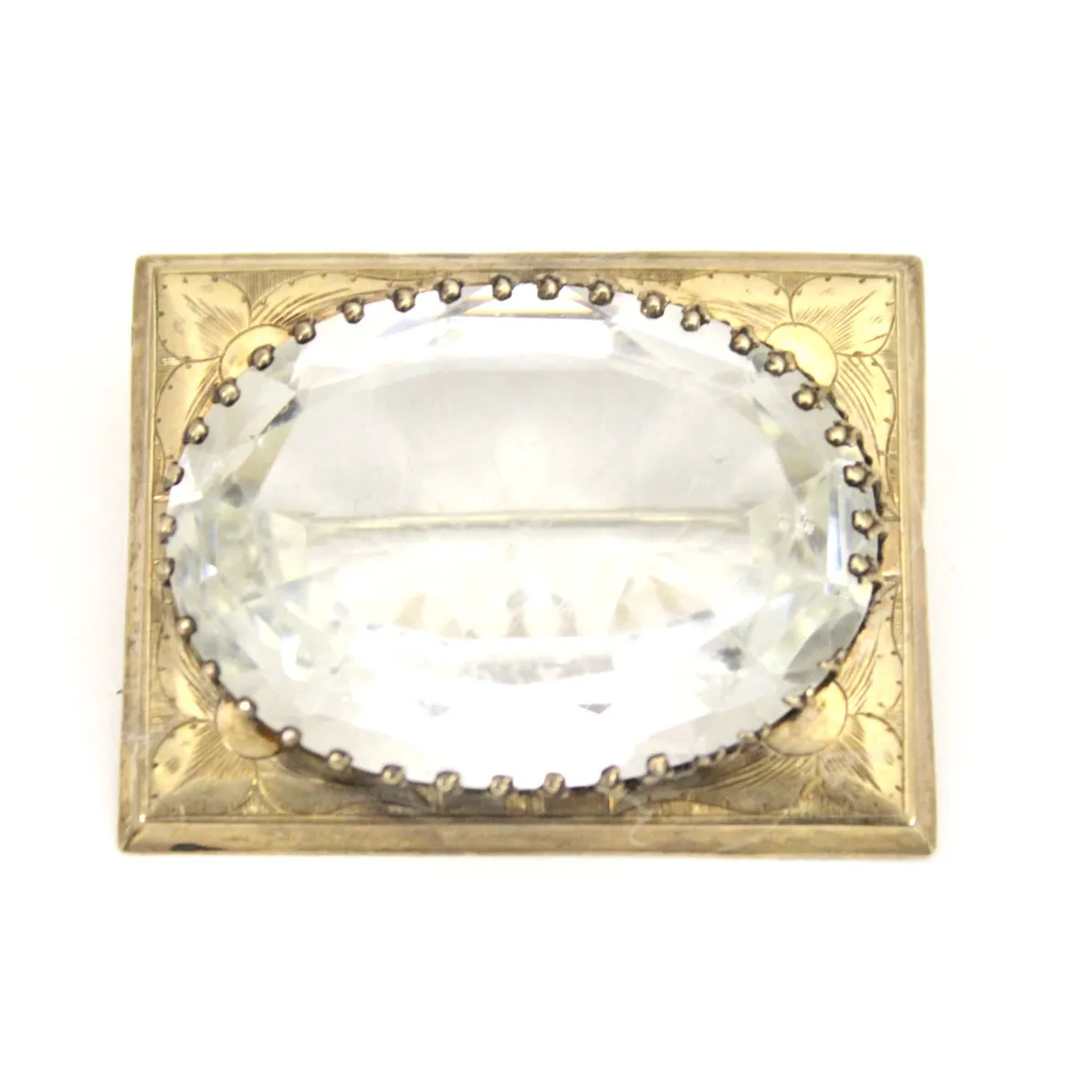 Antique Victorian Sash Pin Brooch HEAVY center Clear Glass Gold PLATED Rectangular 1 3/4"