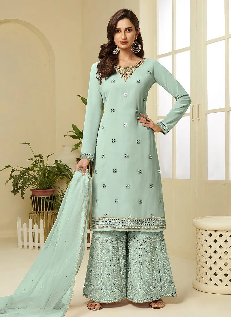 Aqua Blue Embroidered Faux Georgette Gota Work Sharara Suit