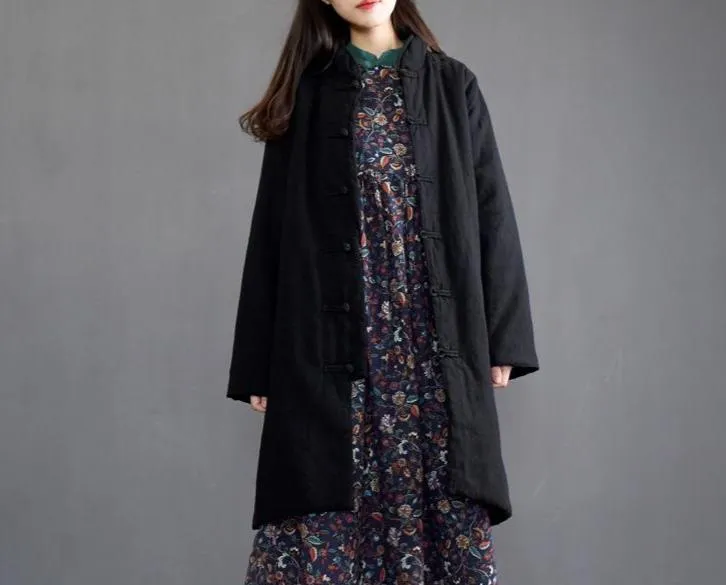 Autumn Winter Linen Cotton-padded Mid-length Thick Coat