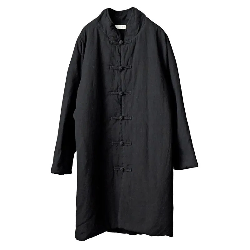 Autumn Winter Linen Cotton-padded Mid-length Thick Coat