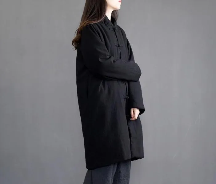 Autumn Winter Linen Cotton-padded Mid-length Thick Coat