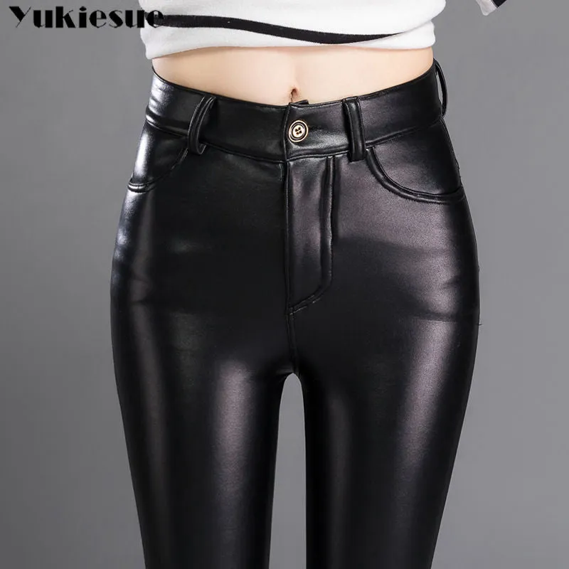 Autumn Winter women leather pants High elastic shiny trousers slim female pencil leather pants women pantalon femme  clothe