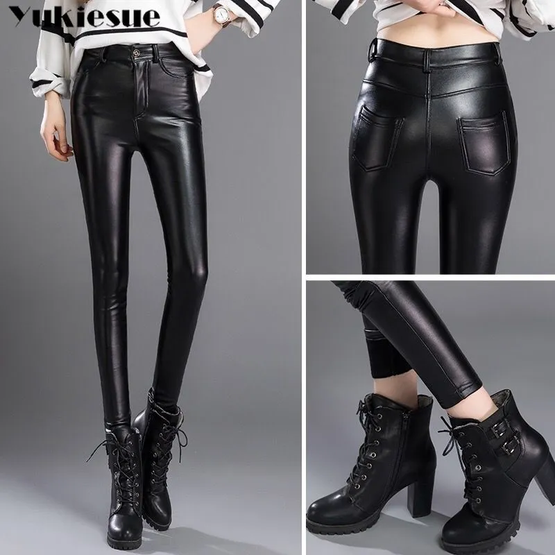 Autumn Winter women leather pants High elastic shiny trousers slim female pencil leather pants women pantalon femme  clothe