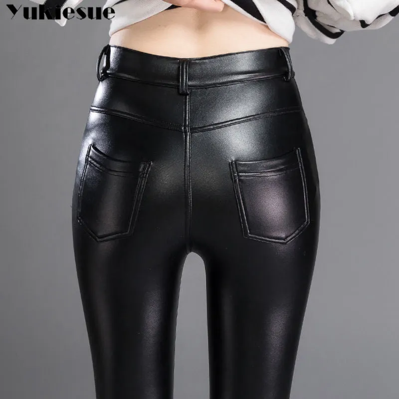 Autumn Winter women leather pants High elastic shiny trousers slim female pencil leather pants women pantalon femme  clothe