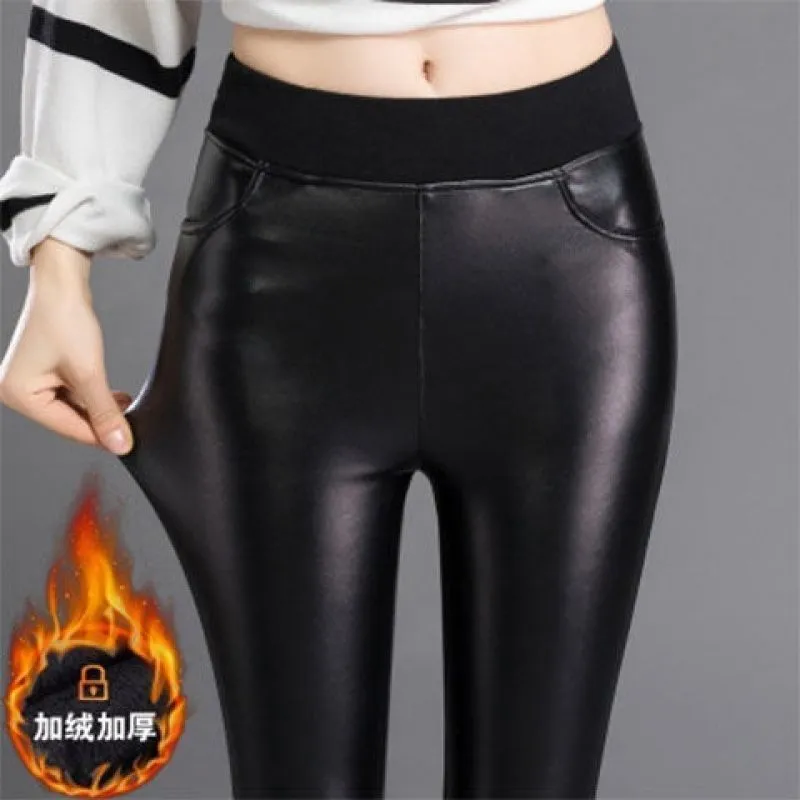 Autumn Winter women leather pants High elastic shiny trousers slim female pencil leather pants women pantalon femme  clothe