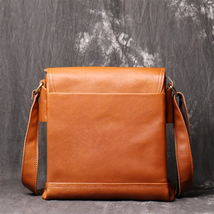 BADASS BROWN YELLOW LEATHER MEN'S 10 inches Side bag Vertical Courier Bag MESSENGER BAG FOR MEN