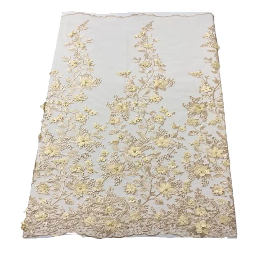 Beige 3D Embroidered Satin Floral Pearl Lace Fabric