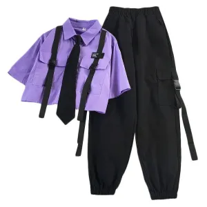 BerryBetty - Autumn Streetwear Pants High-Waist Straight Ribbon Cargo Pants Student Loose Short-Sleeved Shirt with Tie two-piece Set